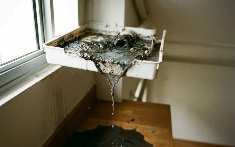Aircon drainage tray overflow from accumulated sludge