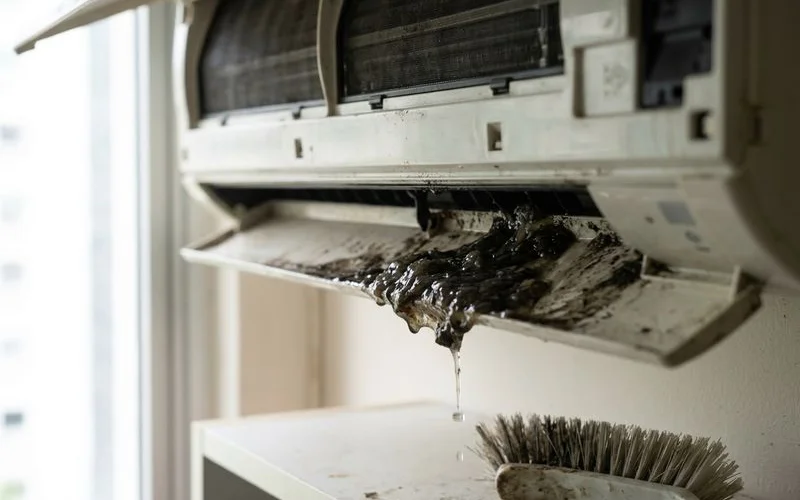 Overflowing aircon drainage tray with sludge blocking the drain outlet
