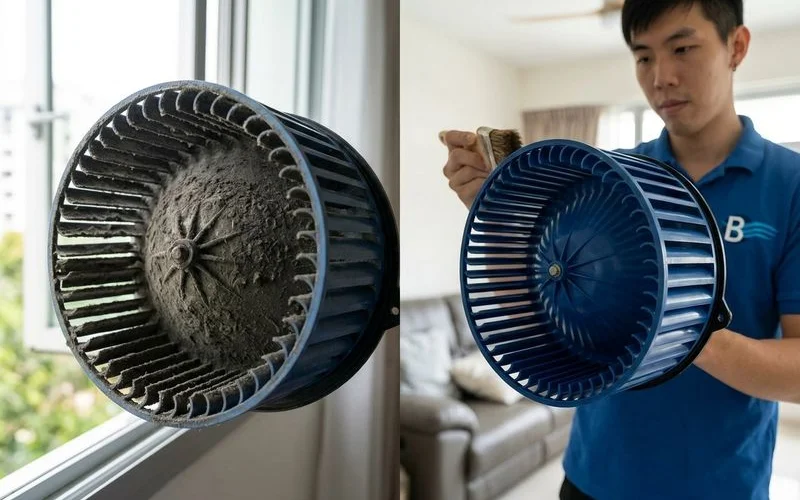 Aircon fan blower before and after chemical wash showing dramatic difference in cleanliness