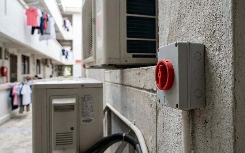 Aircon isolator switch mounted on wall near outdoor unit in HDB flat