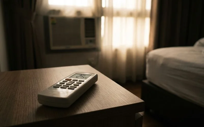 Aircon remote showing ideal sleep temperature setting