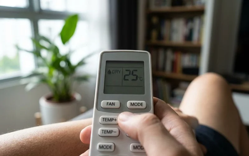 Aircon remote showing dry mode symbol with water droplet icon