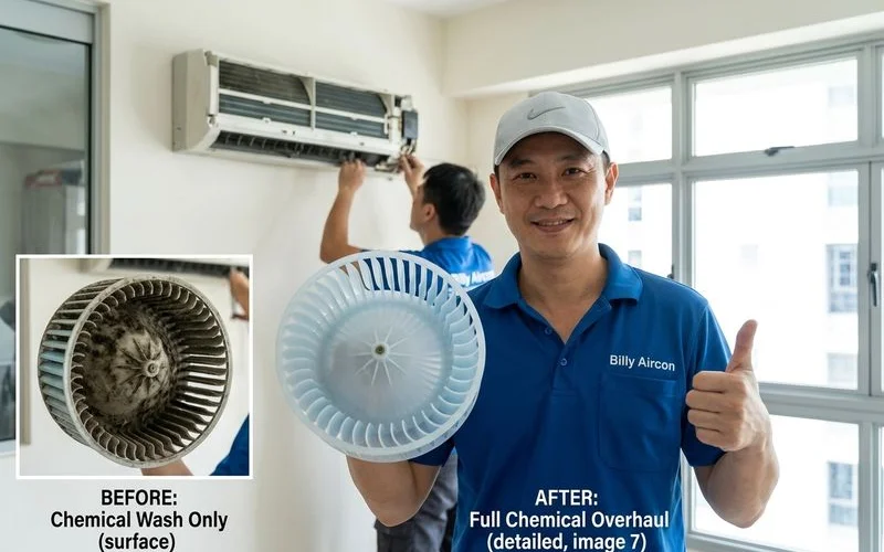 Before and after comparison showing the difference between chemical wash and chemical overhaul results