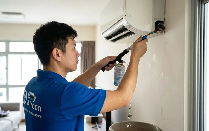 Clogged aircon drain pipe being cleared with pressurised flush