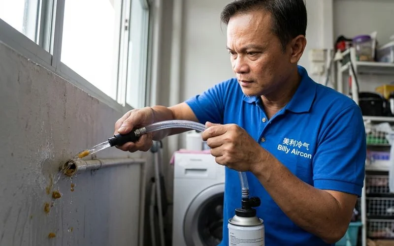 Clogged condensate drain pipe being cleared by technician
