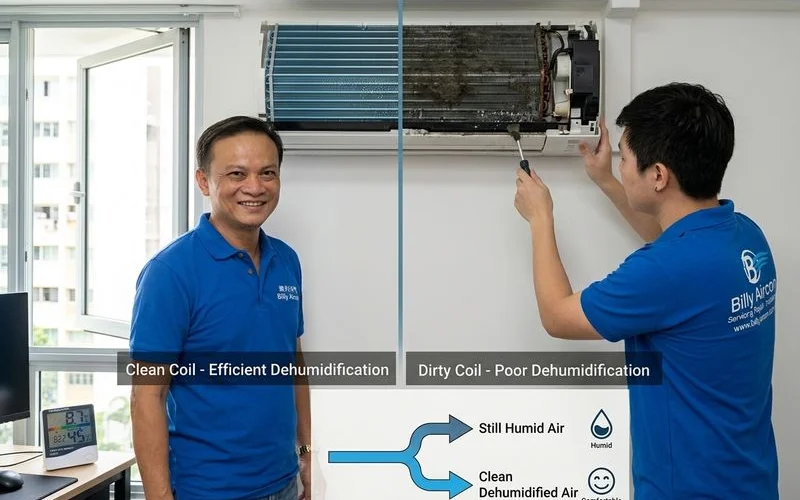 Clean evaporator coil vs dirty coil showing moisture absorption difference