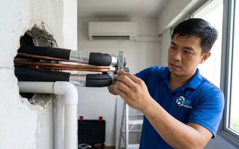 Cross-section showing different aircon pipe types with insulation and connections