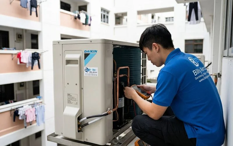 Daikin multi-split outdoor compressor being inspected