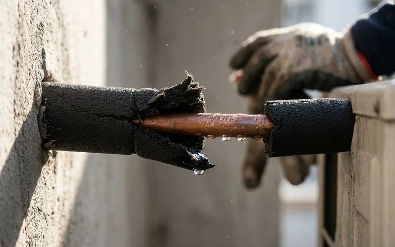 Damaged aircon pipe insulation showing exposed copper pipe with condensation droplets