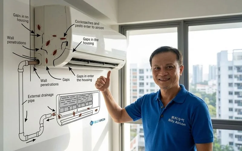 Cross-section diagram showing how pests enter and nest inside aircon indoor unit