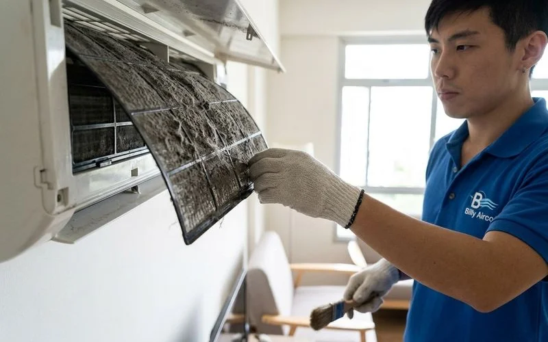 Dirty aircon filter covered in dust being removed for cleaning