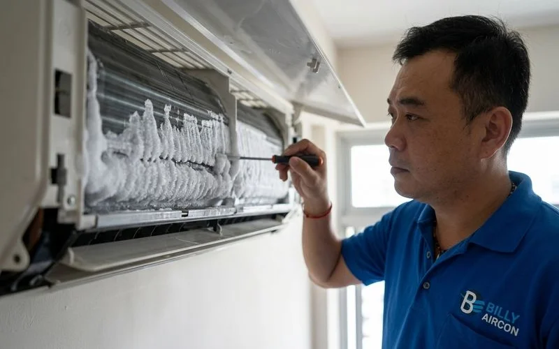 Frozen evaporator coil with ice formation caused by low refrigerant gas