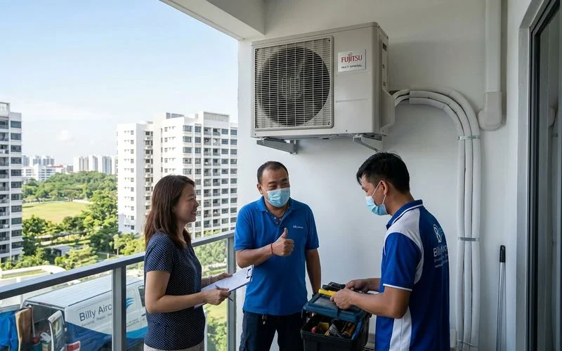 Fujitsu outdoor unit on condominium balcony