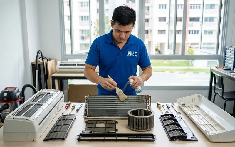 Full dismantle chemical overhaul with aircon parts laid out for individual cleaning in workshop