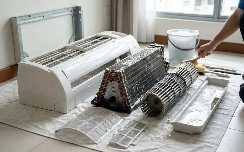 Aircon unit fully dismantled with individual parts being soaked in chemical solution