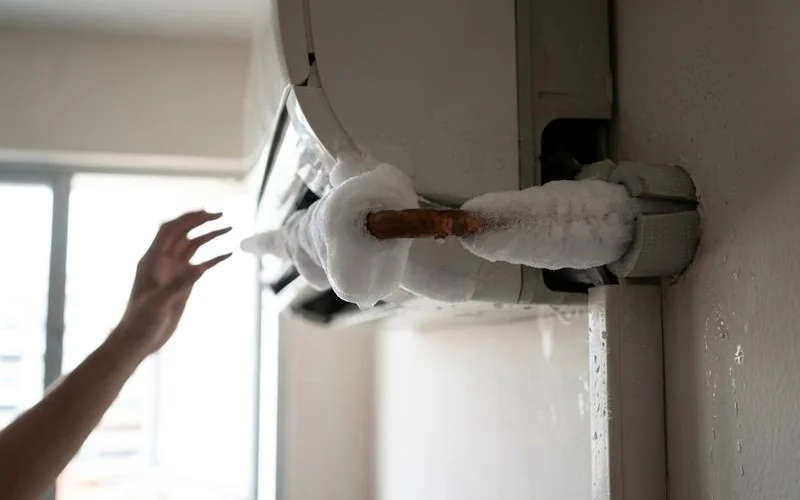 Ice formation on aircon copper pipe indicating possible refrigerant gas leak