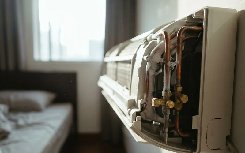 Ice forming on aircon copper pipes due to low refrigerant gas pressure