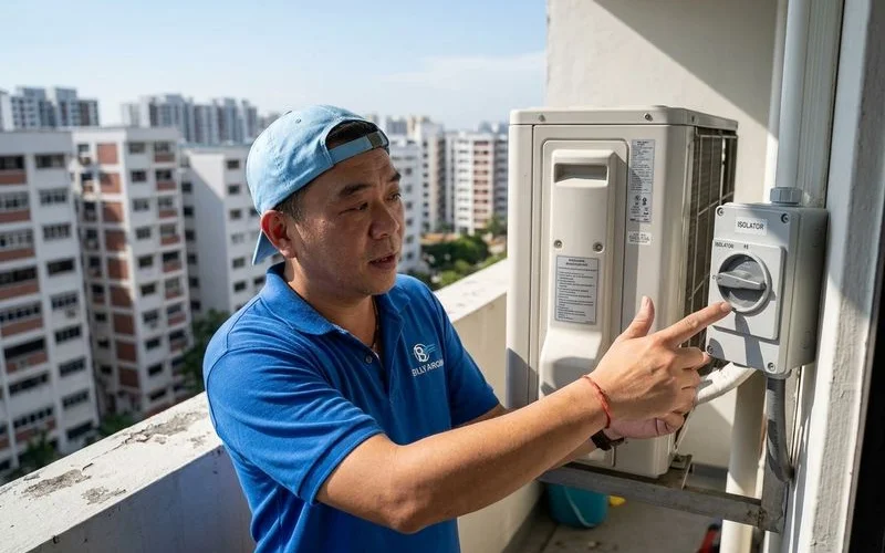 Location guide showing typical isolator switch placement near HDB aircon ledge