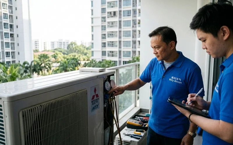 Mitsubishi Electric outdoor compressor being inspected