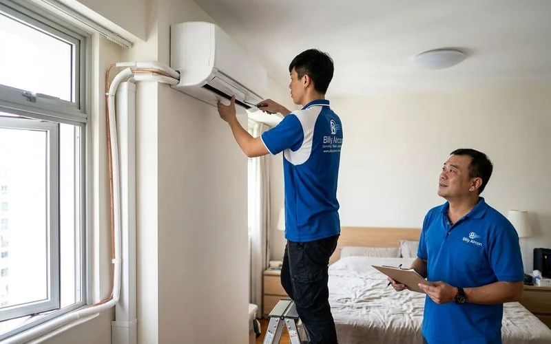 New aircon indoor unit being mounted on bedroom wall with trunking and piping visible