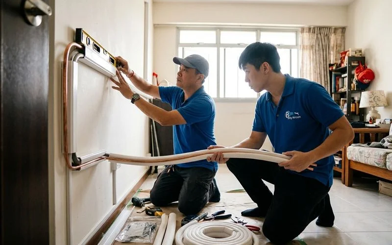 New aircon piping installation with proper insulation and trunking in HDB flat