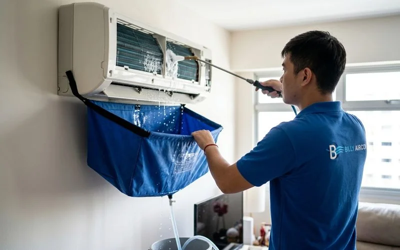 Chemical wash being performed on wall-mounted aircon unit without dismantling