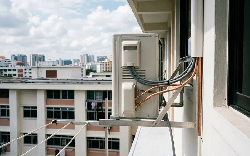 Outdoor compressor unit installed on aircon ledge of HDB flat with copper piping connected