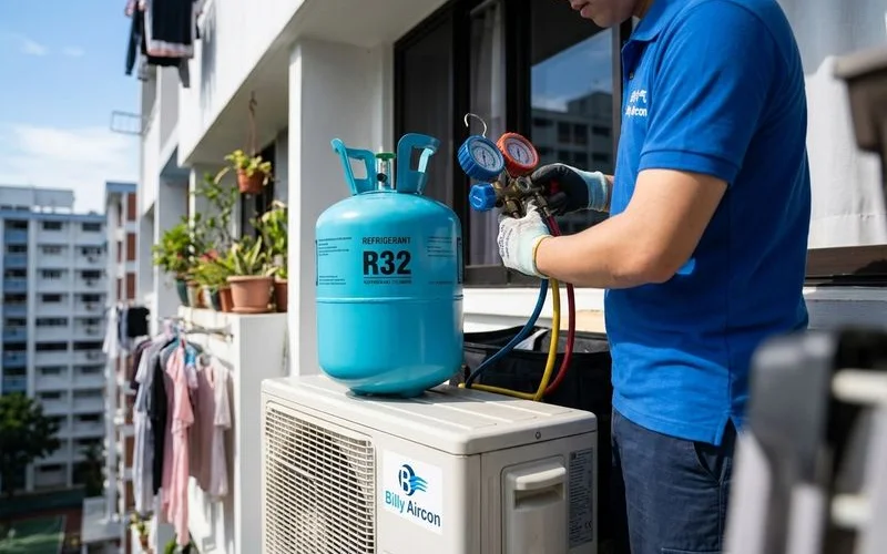 R32 refrigerant cylinder with safety equipment used by licensed technician for gas top-up