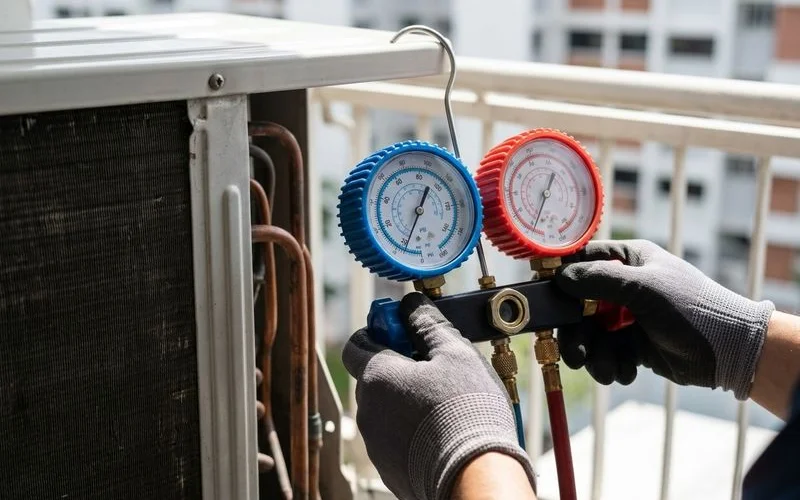 Pressure gauges checking aircon refrigerant levels