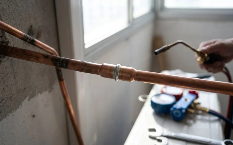 Repaired aircon pipe joint after brazing to fix refrigerant leak