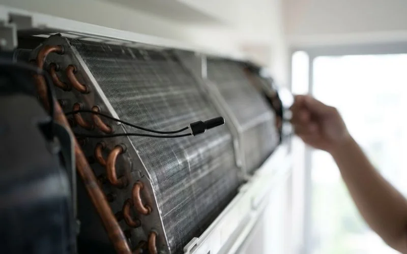 Aircon thermistor sensor attached to evaporator coil inside indoor unit
