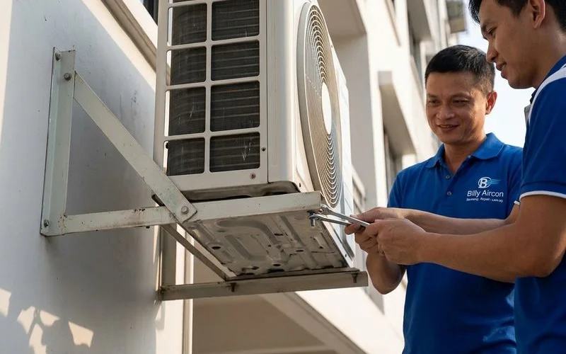 Standard L-bracket mounting for aircon outdoor unit on HDB aircon ledge