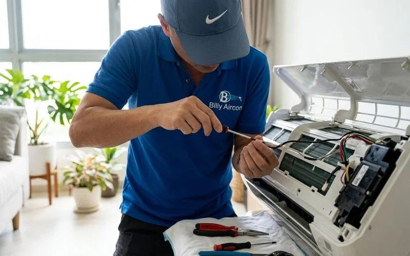 Technician replacing faulty thermistor sensor in aircon indoor unit