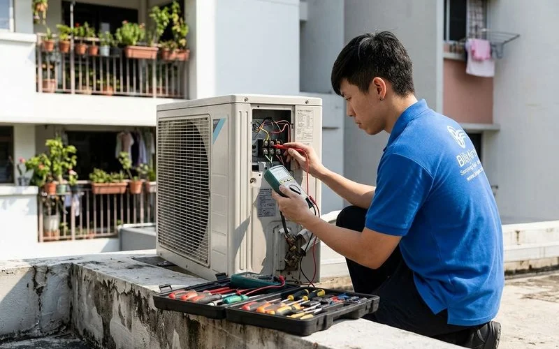 Technician checking aircon compressor with diagnostic tools