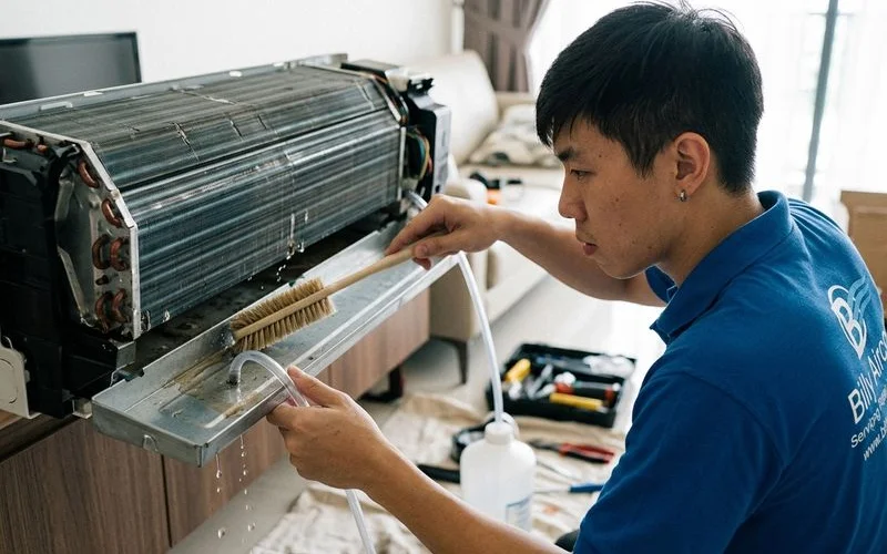 Technician cleaning and flushing aircon drainage tray during service