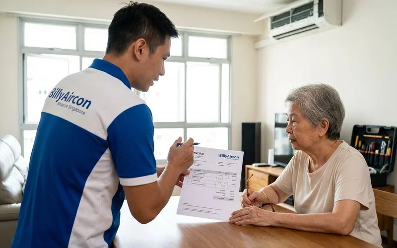 Technician explaining pricing to customer on service receipt