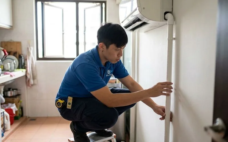 Technician checking aircon drainage system to ensure proper dehumidification