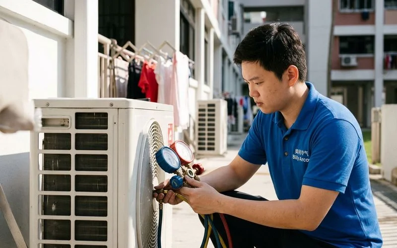 Technician measuring aircon gas pressure with manifold gauges before top-up