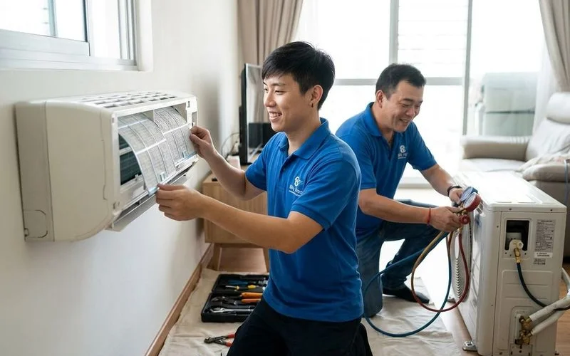 Regular aircon servicing being performed on wall-mounted unit