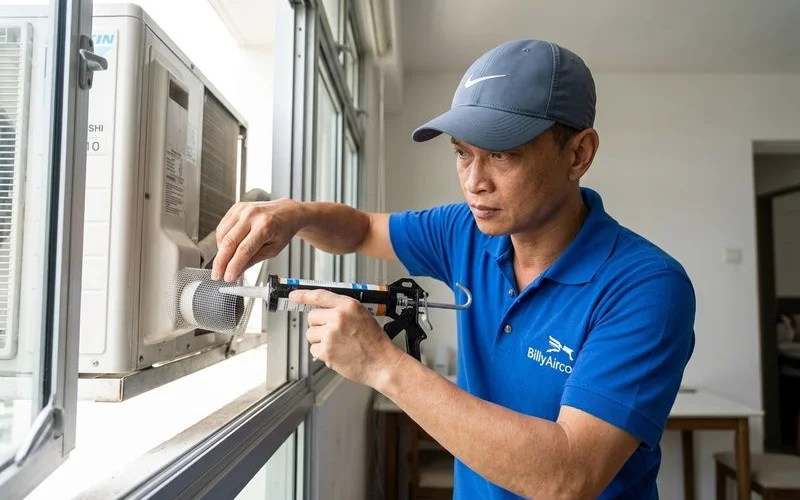 Technician sealing gaps around aircon unit to prevent pest entry