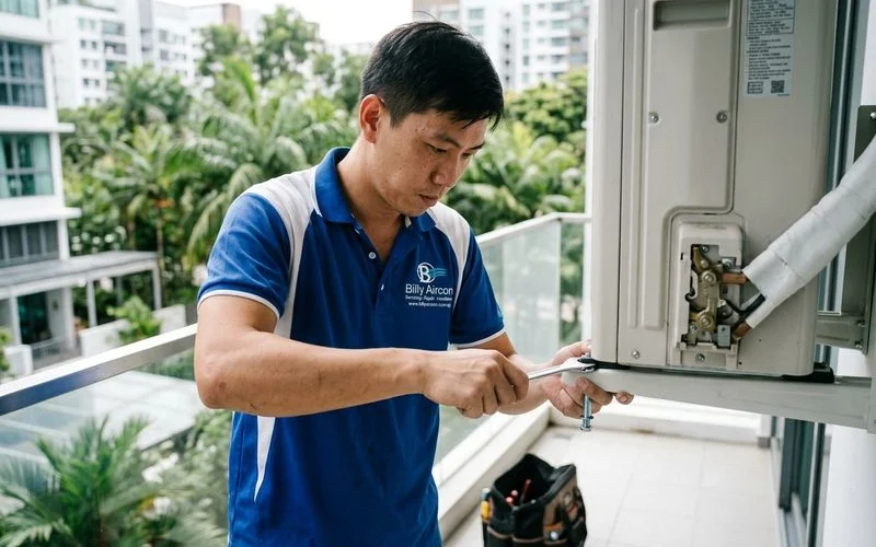 Technician securing aircon outdoor unit bracket on condominium balcony with proper bolts
