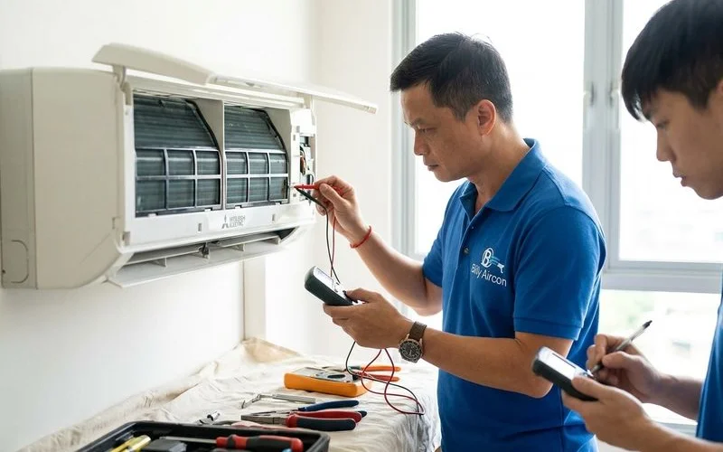 Technician testing aircon thermostat sensor with multimeter