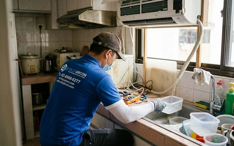 Technician testing aircon drainage flow after clearing condensation issue