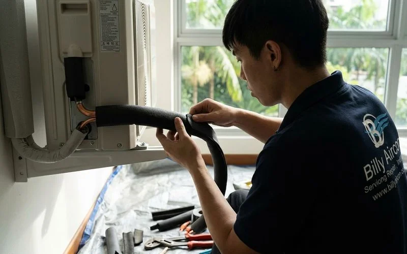 New pipe insulation being wrapped around aircon copper pipes during repair