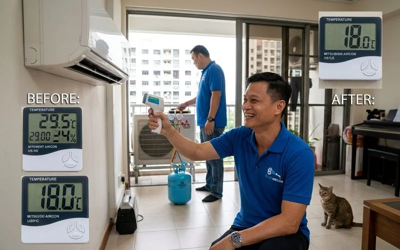 Comparison of aircon cooling performance before and after gas top-up