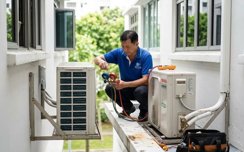 Toshiba inverter outdoor compressor being checked