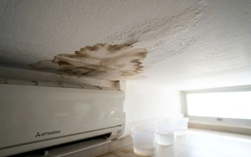 Water stain on ceiling below leaking aircon unit